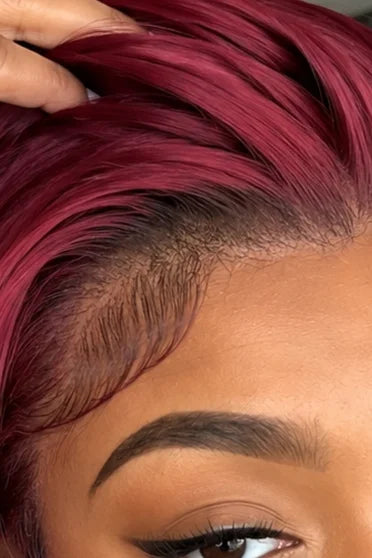99J Burgundy Straight Short Bob 13x4 Lace Front Wig – Crown Strand, HD lace hairline close-up
