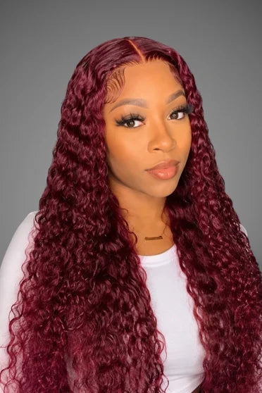99J Burgundy Deep Wave 13x6 HD Lace Wig 220% Density – Crown Strand, front view