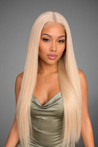 613 Honey Blonde HD Lace Front Wig 150% Density - woman with long straight honey blonde hair wearing olive green top