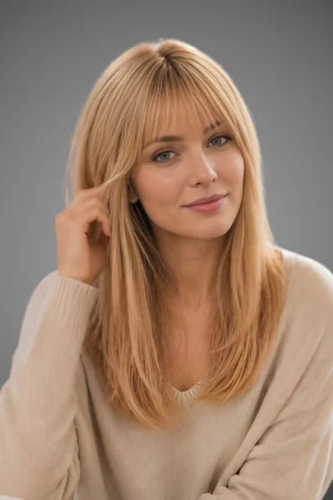 Blonde Straight Layered Synthetic Wig with Bangs - Crown Strand front view portrait