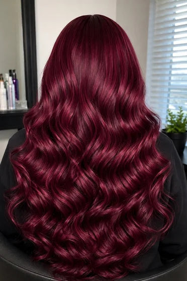 Body Wave 99J Burgundy 13x6 Lace Front Wig 220% Density – Crown Strand, styled on model