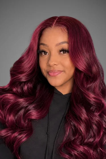 Body Wave 99J Burgundy 13x6 Lace Front Wig 220% Density – Crown Strand, front view