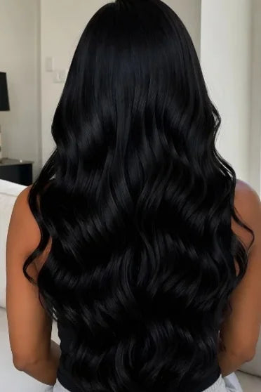 Body Wave HD Lace Frontal Glueless Wig 200% Density - back view of long glossy black wavy human hair wig