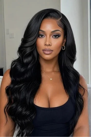 Body Wave HD Lace Frontal Glueless Wig 200% Density - woman with long glossy black body wave hair wearing black top