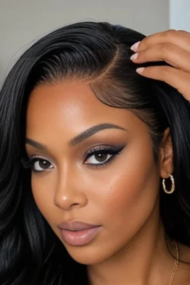 Body Wave HD Lace Frontal Glueless Wig 200% Density - close-up of natural hairline and glueless HD lace part