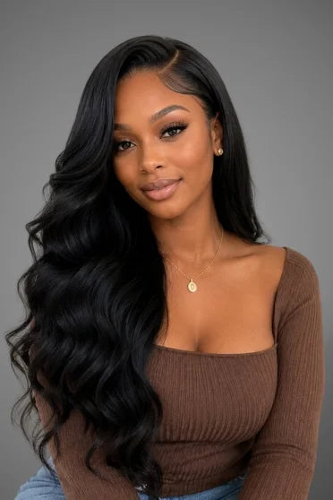 Body Wave HD Lace Frontal Glueless Wig 200% Density - woman with long wavy black hair wearing brown ribbed top