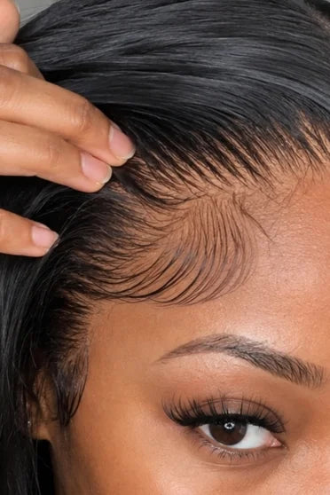 Body Wave Human Hair Blend Lace Front Wig - Glueless HD Lace, Pre-Plucked Baby Hair, 200% Density – Crown Strand, HD lace hairline close-up