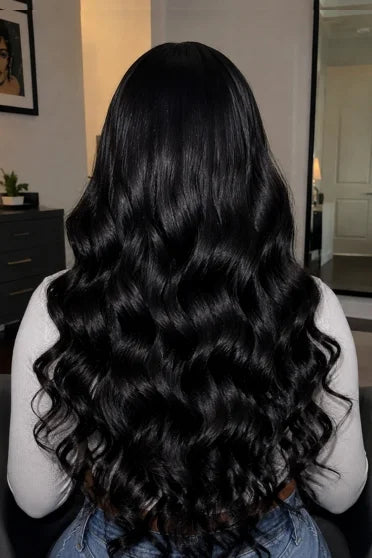 Body Wave Human Hair Blend Lace Front Wig - Glueless HD Lace, Pre-Plucked Baby Hair, 200% Density – Crown Strand, styled on model