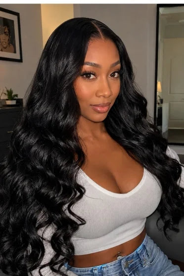Body Wave Human Hair Blend Lace Front Wig - Glueless HD Lace, Pre-Plucked Baby Hair, 200% Density – Crown Strand, side profile
