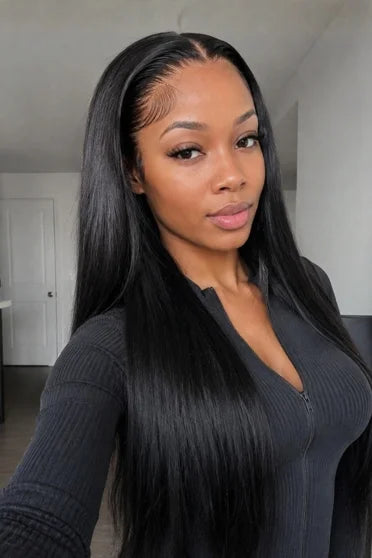 Bone Straight Human Hair Blend Lace Front Wig - Glueless HD Lace, Pre-Plucked Baby Hair, 200% Density – Crown Strand, front view