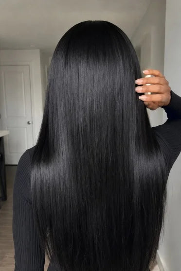 Bone Straight Human Hair Blend Lace Front Wig - Glueless HD Lace, Pre-Plucked Baby Hair, 200% Density – Crown Strand, styled on model