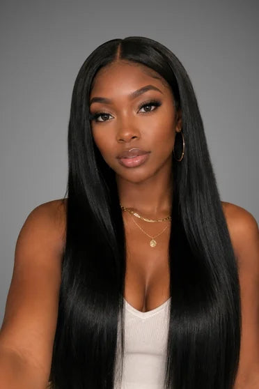 Straight Human Hair Blend Weave – Crown Strand, front view