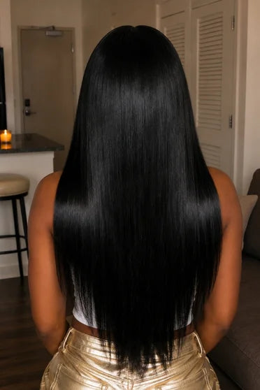 Straight Human Hair Blend Weave – Crown Strand, styled on model