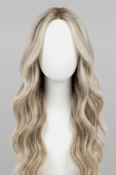 Blonde wig on a mannequin head against a gray background