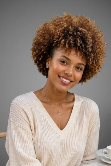 Brown Short Curly Glueless Ice Silk Wig – Crown Strand, front view