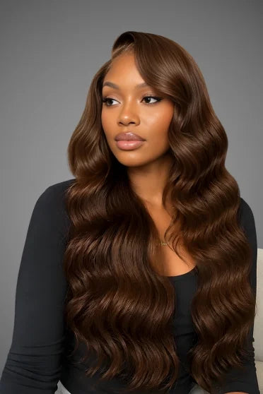 Chocolate Brown 13x6 Body Wave HD Lace Human Hair Wig 200% Density - Crown Strand front view portrait