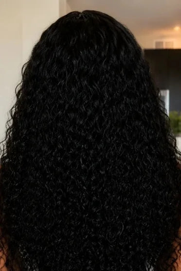30"-40" Curly HD Lace Front Deep Wave Wig - back view of long voluminous tightly curled black human hair wig