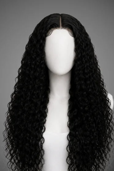 30"-40" Curly HD Lace Front Deep Wave Wig - long black curly wig on mannequin head showing HD lace front