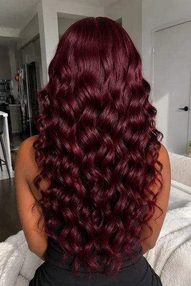 Deep Wave 99J Burgundy 13x6 HD Lace Wig 200% Density – Crown Strand, styled on model