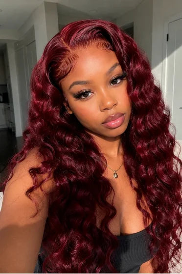Deep Wave 99J Burgundy 13x6 HD Lace Wig 200% Density – Crown Strand, side profile
