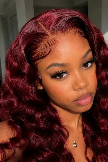 Deep Wave 99J Burgundy 13x6 HD Lace Wig 200% Density – Crown Strand, HD lace hairline close-up