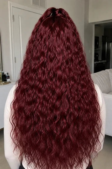 Deep Wave 99J Burgundy 13x6 HD Lace Wig – Crown Strand, styled on model