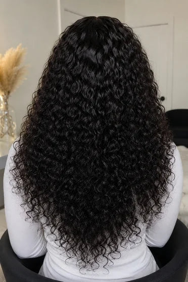 Deep Wave Curly Human Hair Blend 13x6 HD Lace Frontal Wig – Crown Strand, styled on model