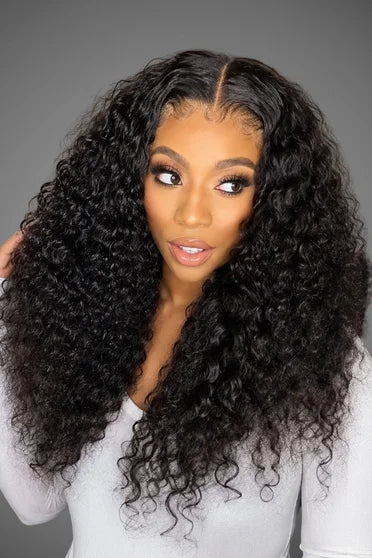 Deep Wave Curly Human Hair Blend 13x6 HD Lace Frontal Wig – Crown Strand, front view
