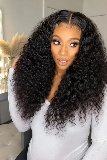 Deep Wave Curly Human Hair Blend 13x6 HD Lace Frontal Wig – Crown Strand, side profile
