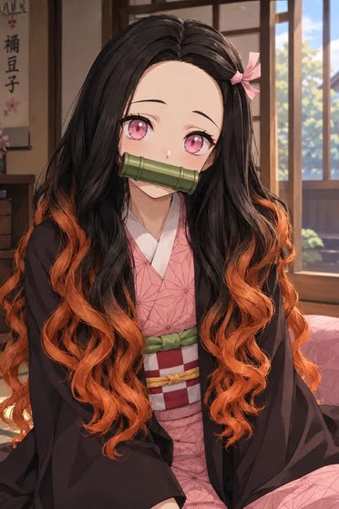Demon Slayer Nezuko Kamado Black to Orange Gradient Curly Cosplay Wig