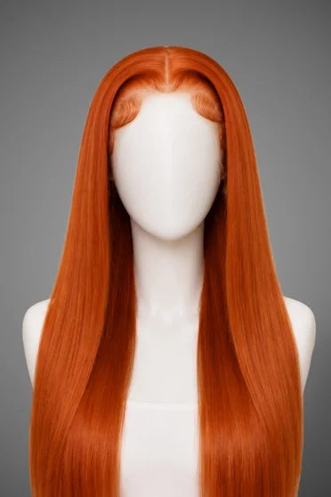 HD Lace Ginger Orange Frontal Wig 180% Density - long straight vibrant orange-red lace front wig with center part on mannequin head