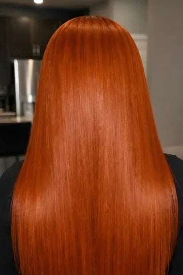 HD Lace Ginger Orange Frontal Wig 180% Density - back view of long straight vibrant ginger orange human hair wig