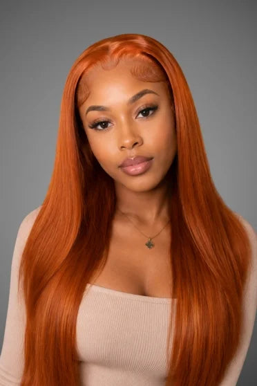 HD Lace Ginger Orange Frontal Wig 180% Density - model with long straight vibrant ginger orange human hair