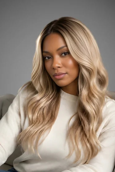 Gold Gradient V-Part Wavy Lace Front Wig – Crown Strand, front view