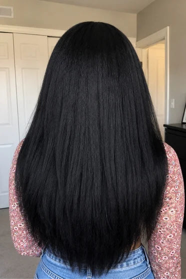 Kinky Straight V-Part Machine Made Glueless Wig – Crown Strand, styled on model