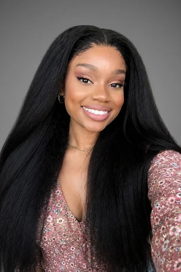 Kinky Straight V-Part Machine Made Glueless Wig – Crown Strand, front view