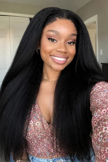 Kinky Straight V-Part Machine Made Glueless Wig – Crown Strand, side profile