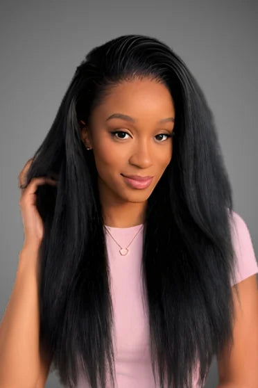 Kinky Straight 360 HD Lace Glueless Human Hair Blend Wig – Crown Strand, front view