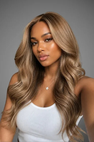 Long Brown Gradient Synthetic Lace Front Wig – Crown Strand, front view