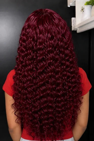 Deep Wave 99J Burgundy Curly 13x6 HD Lace Wig – Crown Strand, styled on model