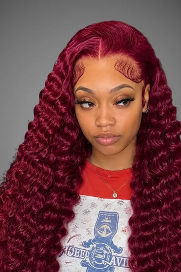 Deep Wave 99J Burgundy Curly 13x6 HD Lace Wig – Crown Strand, front view