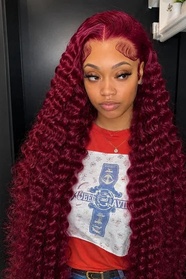 Deep Wave 99J Burgundy Curly 13x6 HD Lace Wig – Crown Strand, side profile