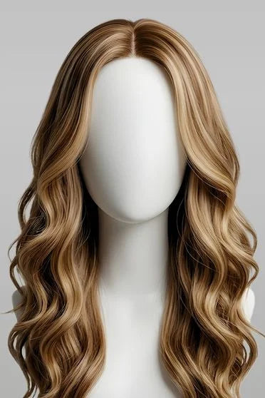 Blonde wavy wig on a mannequin head against a plain background