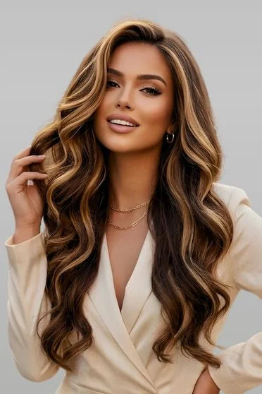 Woman with long, wavy hair posing against a neutral background