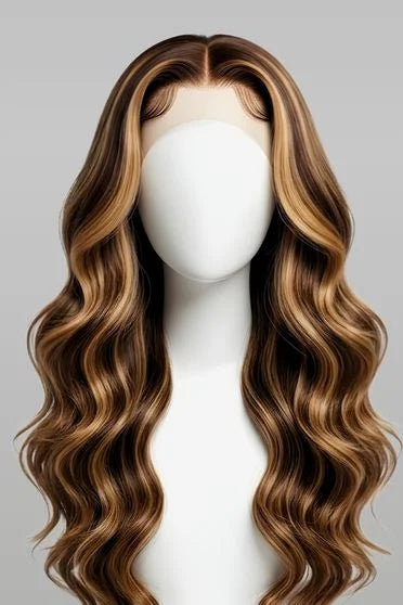 Brown wavy wig on a mannequin head against a gray background