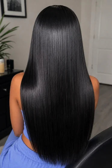 Straight 13x6 HD Lace Glueless Wig 220% Density – Crown Strand, styled on model