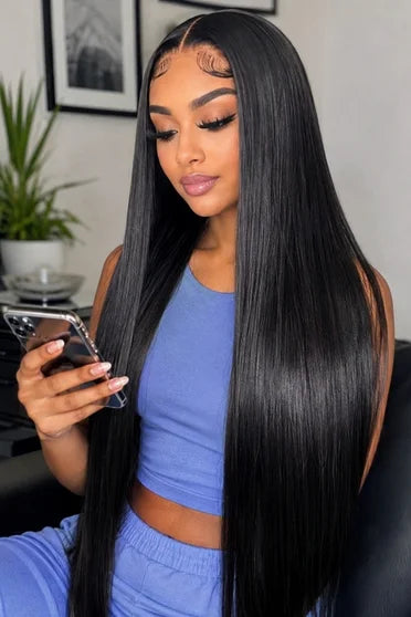 Straight 13x6 HD Lace Glueless Wig 220% Density – Crown Strand, side profile