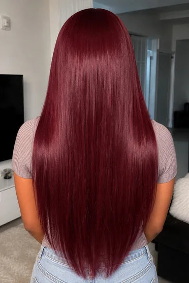 Straight 99J Burgundy 13x6 HD Lace Wig 200% Density – Crown Strand, styled on model