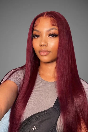 Straight 99J Burgundy 13x6 HD Lace Wig 200% Density – Crown Strand, front view