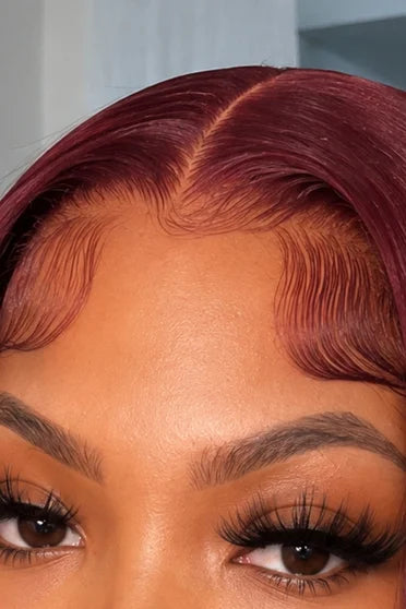 Straight 99J Burgundy 13x6 HD Lace Wig 200% Density – Crown Strand, HD lace hairline close-up
